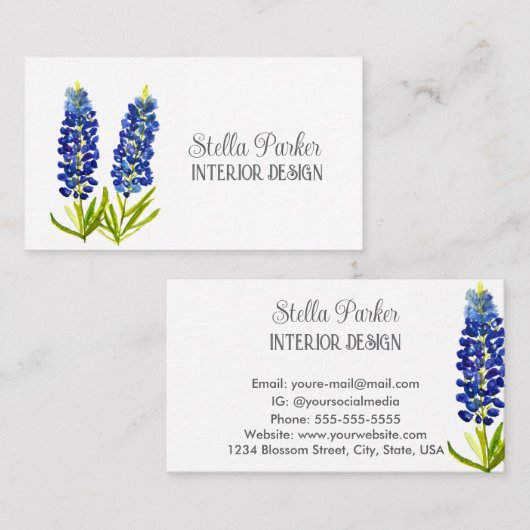 Carte de visite élégante à fleurs de Bluebonnets T (Devant / Derrière)