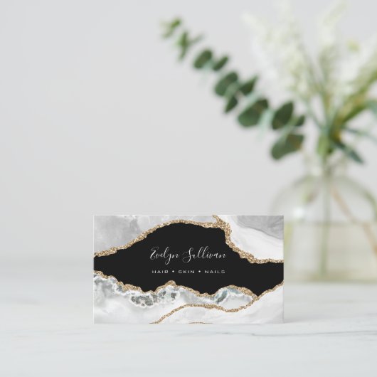 Carte De Visite élégante agate d'or blanc sur noir (Debout devant)