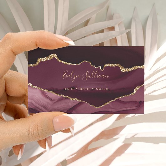 Carte De Visite élégante aquarelle bordeaux et or agate