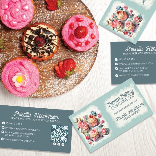 Carte De Visite Elégante aquarelle Cupcake Retro Floral