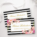 Carte De Visite Elégante aquarelle rose floral or cadre rayé<br><div class="desc">Elégant Aquarelle rose Blush Floral et Or Frame et Black & White Stripes Carte de visite</div>
