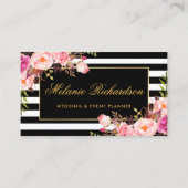 Carte De Visite Elégante aquarelle rose floral or noir rayé (Devant)