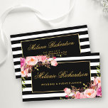 Carte De Visite Elégante aquarelle rose floral or noir rayé<br><div class="desc">Elégant Aquarelle rose Blush Floral et Or Frame et Black & White Stripes Carte de visite</div>