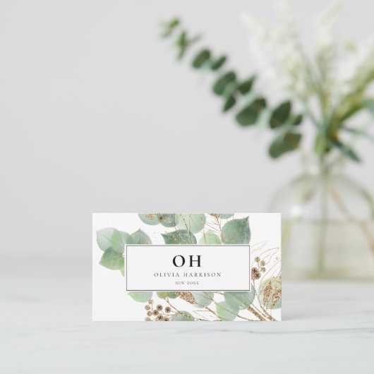 Carte De Visite Elégante aquarelle verte Feuille d'or (Debout devant)