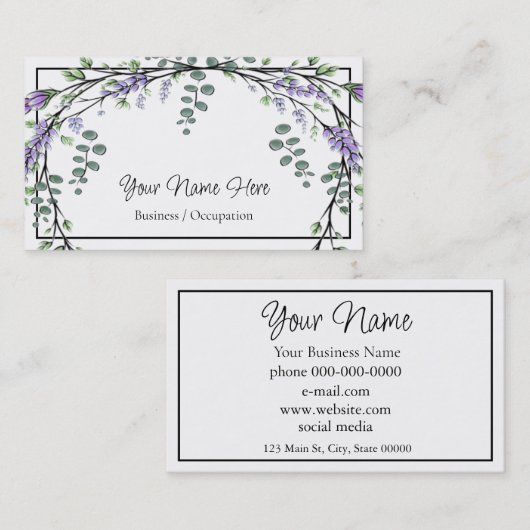 Carte De Visite Elégante aquarelle violet vert fleuri (Devant / Derrière)
