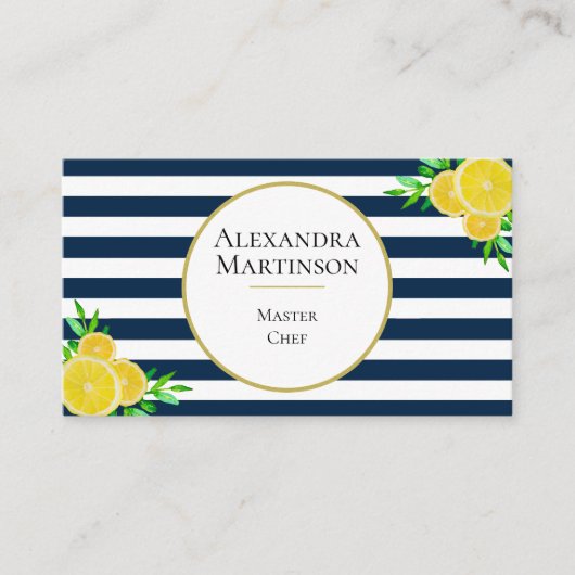 Carte De Visite Elégante Bleu Blancs Aquarelle Citrons Chef (Devant)