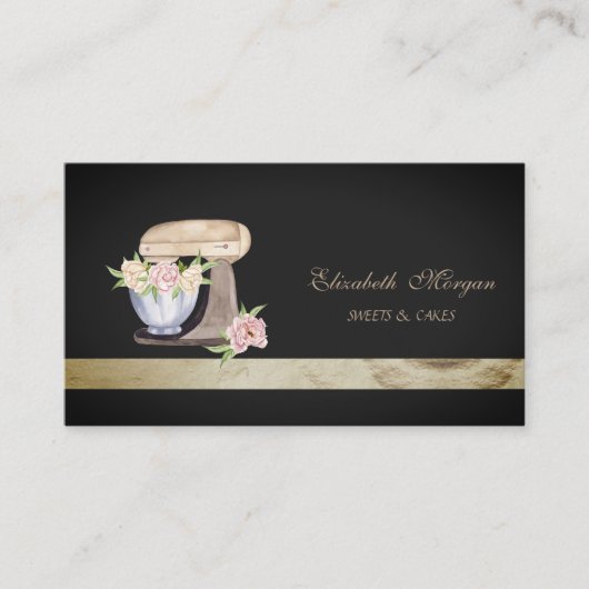 Carte De Visite Élégante Boulangerie Noire Mixer Fleurs (Devant)