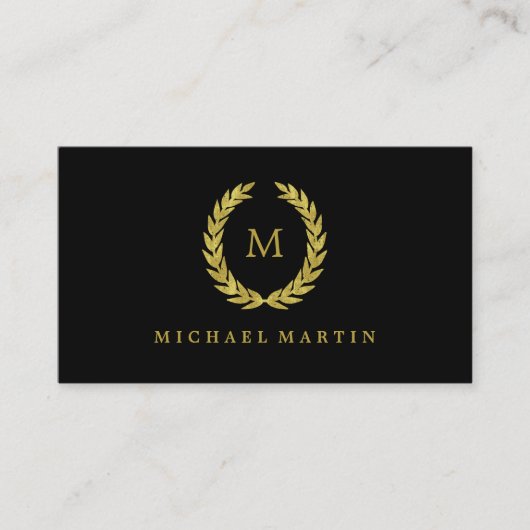 Carte De Visite Élégante couronne de laurier noir et or avec monog (Devant)