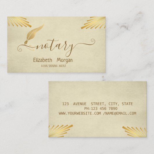 Carte De Visite Elégante Crème Notaire Stylish Or Feather (Devant / Derrière)