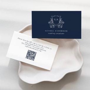 Carte De Visite Élégante crête et monogramme Bleu bleu marine fo