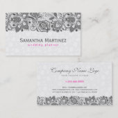 Carte De Visite Elégante dentelle Gris Fille sur les Damas Blanche (Devant / Derrière)