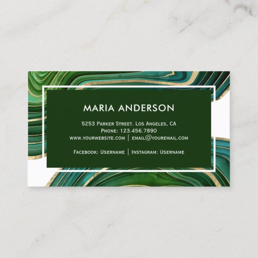 Carte De Visite Elégante émeraude vert or Agate Géode Géode (Dos)