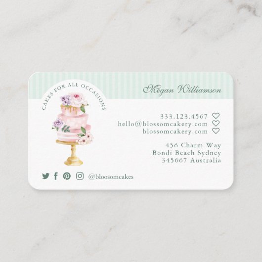 Carte De Visite Elégante et chic Mint Aquarelle Floral Cake Bakery (Dos)