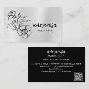 Carte De Visite *~* Élégante Fleur Florale Argent QR LOGO PHOTO