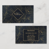 Carte De Visite Élégante Fleurs d'or Bleu Botanique (Devant / Derrière)