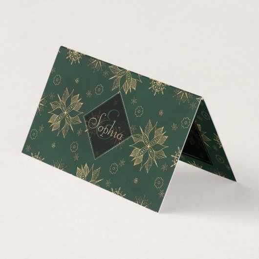 Carte De Visite Elégante Gold Green Poinsettias Snowflakes Design (Devant)