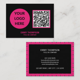 Carte De Visite Elégante Hot Pink Magenta Black QR Scan Company