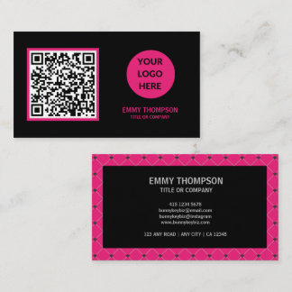 Carte De Visite Elégante Hot Pink Magenta Black QR Scan Company