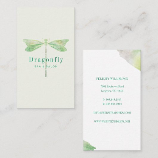 Carte De Visite Élégante libellule d'aquarelle verte (Devant / Derrière)