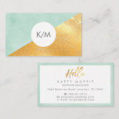 Carte De Visite Elégante Monnaie Géométrique Monogramme Vert & Or (Devant / Derrière)