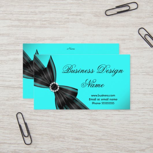 Carte De Visite Elégante Noir Turquoise Diamant Design Bow (Devant/Arrière en situation)