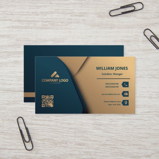 Carte de visite élégante or et vert, Code QR (Devant/Arrière en situation)