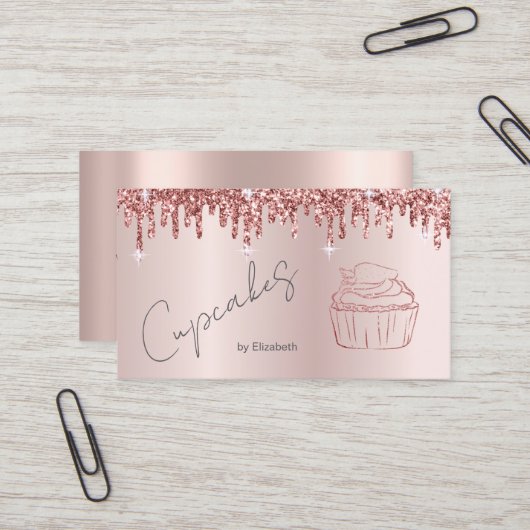 Carte De Visite Elégante Parties scintillant Cupcake Rose Gold Dri (Devant/Arrière en situation)
