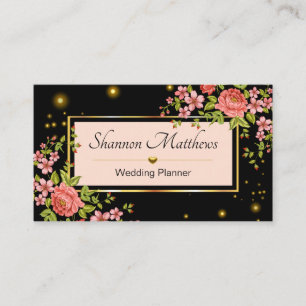 Carte De Visite Elégante Pêche et noir Rose Wedding planner Floral