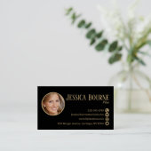 Carte De Visite Elégante photo professionnelle Black Gold QR Code (Debout devant)