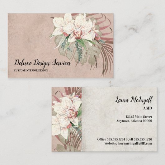 Carte De Visite Élégante verdure de l'orchidée florale rose pâle (Devant / Derrière)