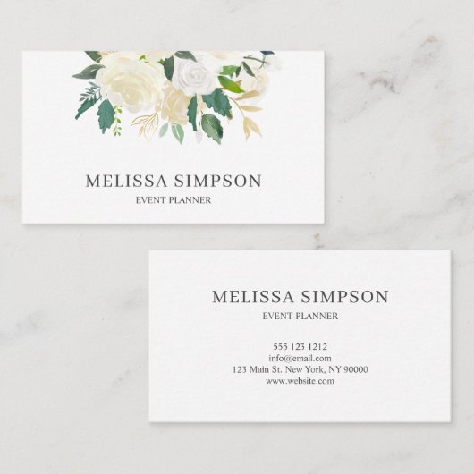 Carte De Visite Elégante Verdure Et Fleurs Blanches (Devant / Derrière)