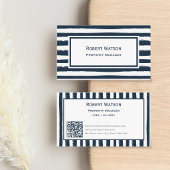 Carte De Visite Élégantes rayures bleu marine et blanc QR-code