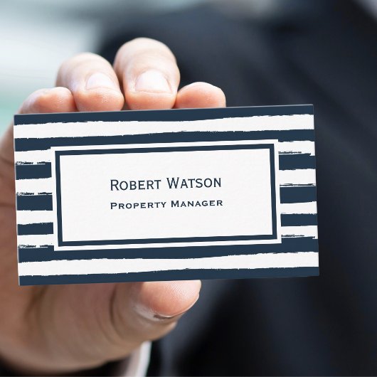 Carte De Visite Élégantes rayures bleu marine et blanc QR-code