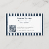 Carte De Visite Élégantes rayures bleu marine et blanc QR-code (Dos)