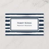 Carte De Visite Élégantes rayures bleu marine et blanc QR-code (Devant)