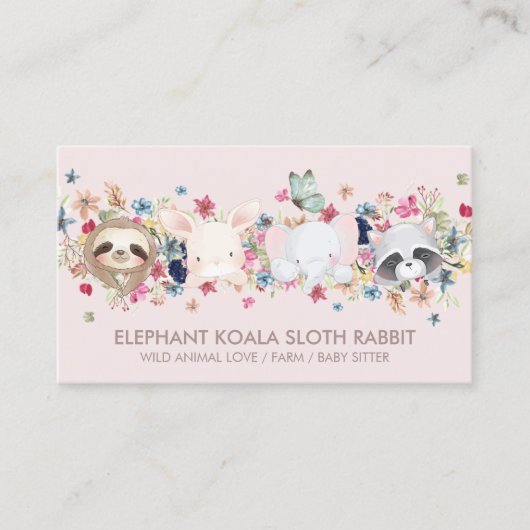 CARTE DE VISITE ÉLÉPHANT KOALA SLOTH RABBIT BÉBÉ ANIMAL ROSE (Devant)