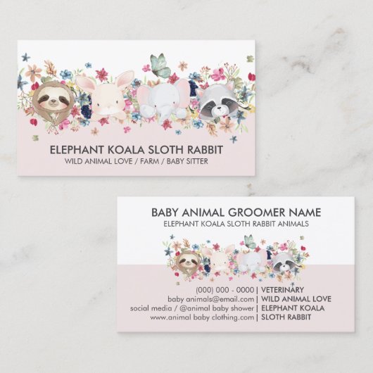 CARTE DE VISITE ELEPHANT KOALA SLOTH RABBIT BÉBÉ ANIMAUX (Devant / Derrière)
