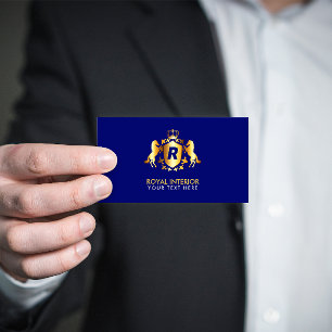 Carte De Visite Emblème royal d'or luxueux   Initiale en bleu