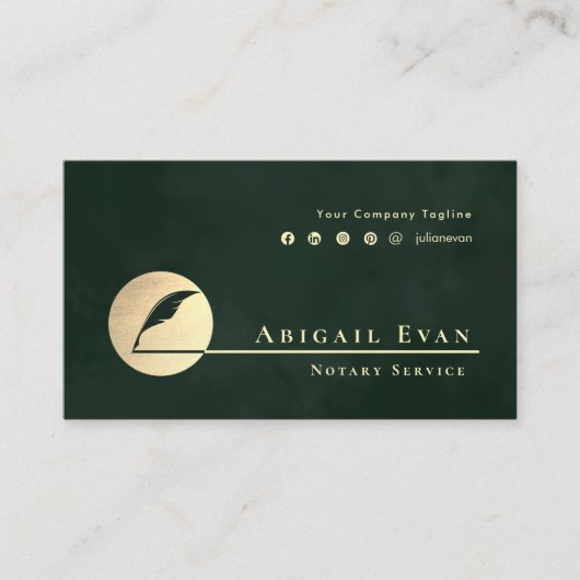 Carte De Visite Emerald Green Gold Feather Logo Notary Service (Devant)