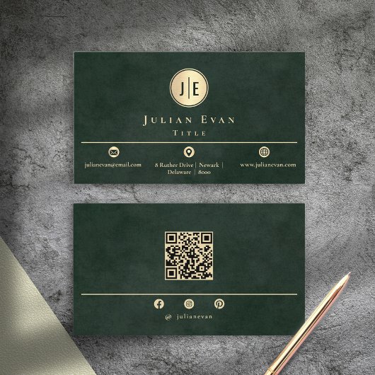 Carte De Visite Emerald Green Monogram Modern Scannable Qr Code