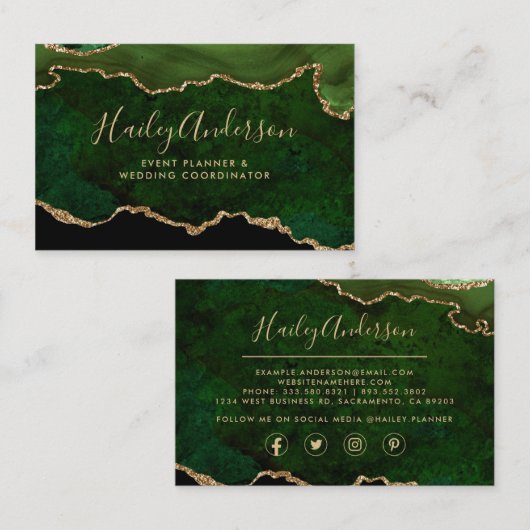 Carte De Visite Emerald Green Parties scintillant or Aquarelle dor (Devant / Derrière)