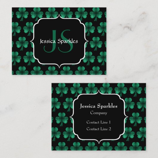 Carte De Visite Emerald Green Sparkle Shamrock noir Monogramme (Devant / Derrière)