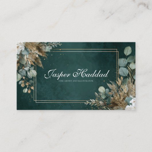 Carte De Visite Émeraude Rustique Or Eucalyptus Blanc Floral Moder (Devant)