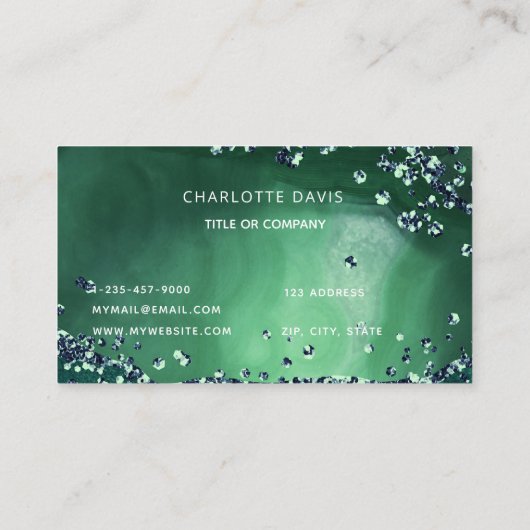 Carte De Visite Émeraude vert agate marbre initiales monogramme (Dos)