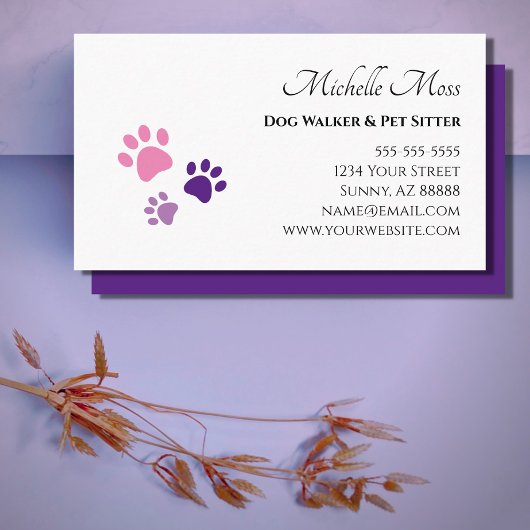 Carte De Visite Empreintes de pattes Pet Sitter Purple Rose
