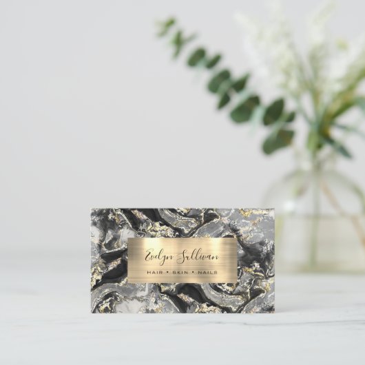Carte de visite en marbre noir Fluid Gold (Debout devant)