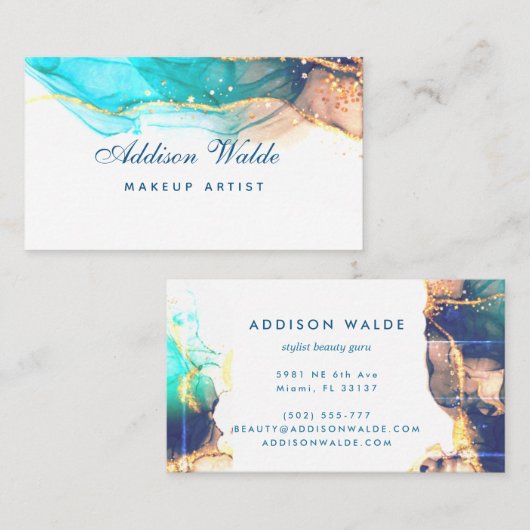 Carte De Visite Encre D'Aquarelle Liquide D'Art Moderne Bleu Et Ve (Devant / Derrière)