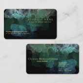 Carte De Visite Encre liquide verte de mer Abstraite sur noir (Devant / Derrière)