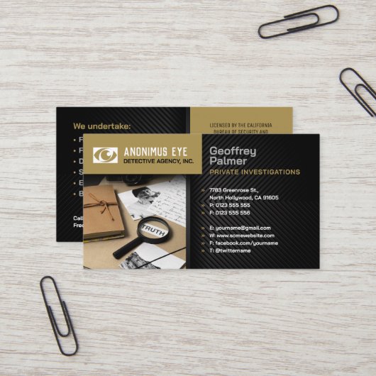Carte De Visite Enquêtes privées | Inspecteur professionnel (Devant/Arrière en situation)