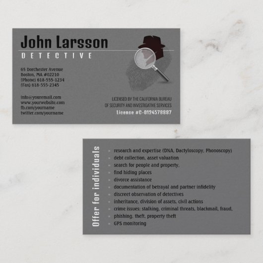 Carte De Visite Enquêteur privé | Inspecteur (Devant / Derrière)